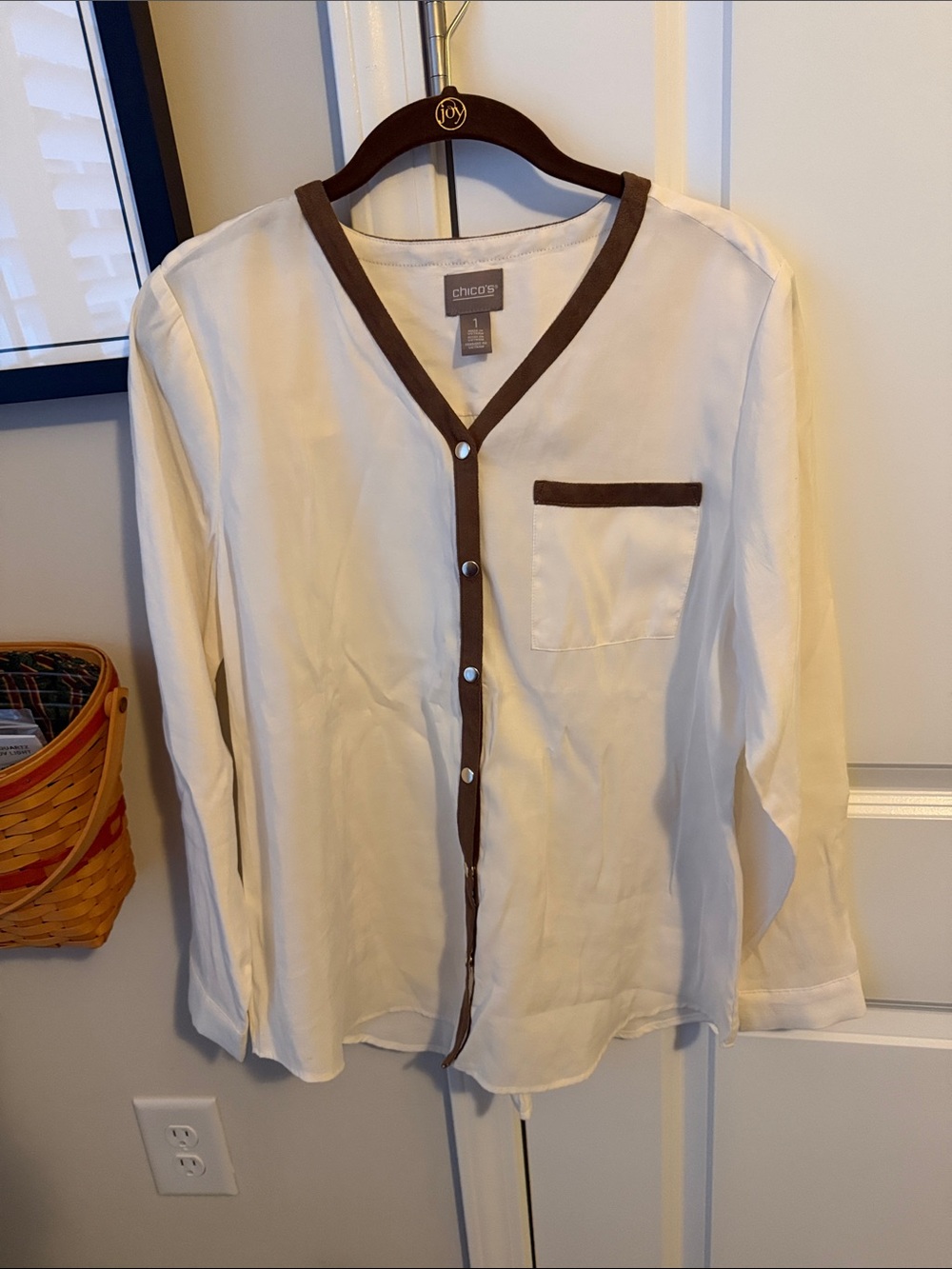 Chico's Cream Blouse with Brown Trim Accents